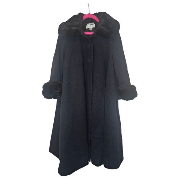 HELENA Neiman Marcus Girls Black Wool Faux Fur Trim Dress Coat - Size 5 - Picture 1 of 8